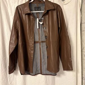 Sanctuary Women's Brown Faux Leather Button-Up Mid-Length Jacket Size L